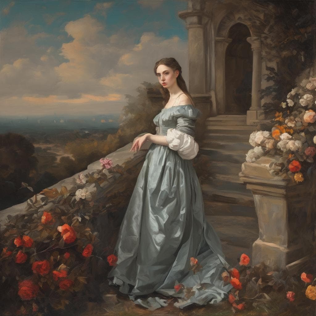 Ρομαντισμός και επαναστάσεις στην τέχνη, νεαρή γυναίκα σε ρομαντικό τοπίο, κλασική ζωγραφική, ρομαντισμός και τέχνη, ιστορική εικονογραφία.