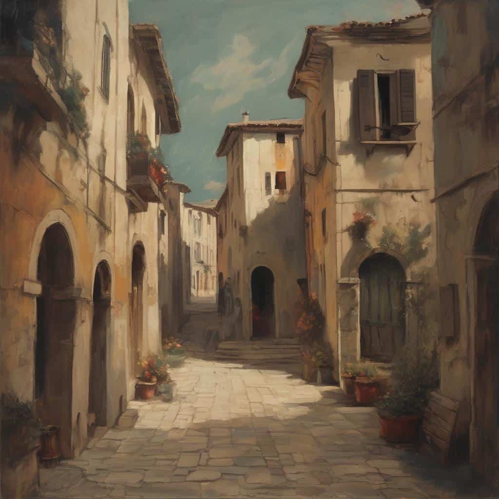 Ρομαντισμός και Επαναστάσεις στην Τέχνη, λαμπερά χρώματα και ιστορική ατμόσφαιρα σε παραδοσιακή ευρωπαϊκή γειτονιά.