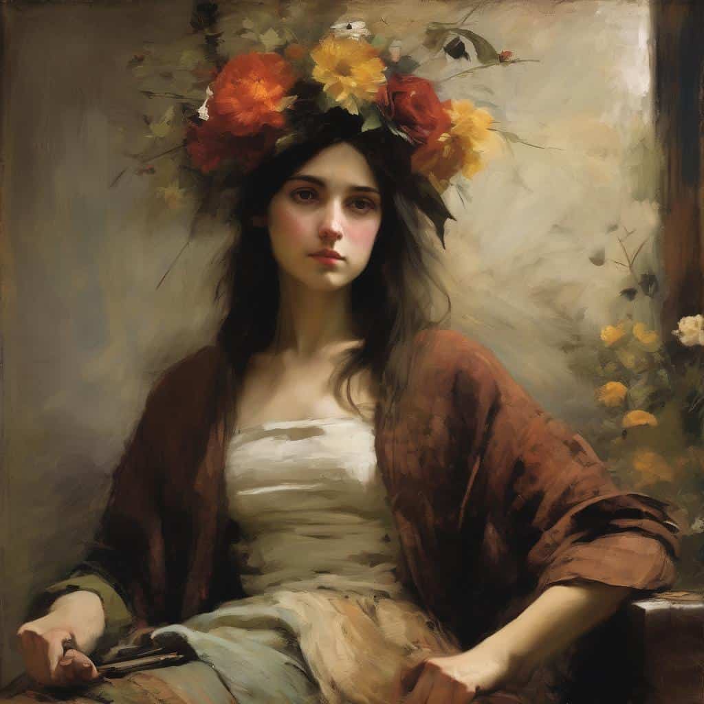 Γυναικεία πορτραίτο με floral στεφάνι, επαναστάσεις στην τέχνη, ρομαντισμός και τέχνη.