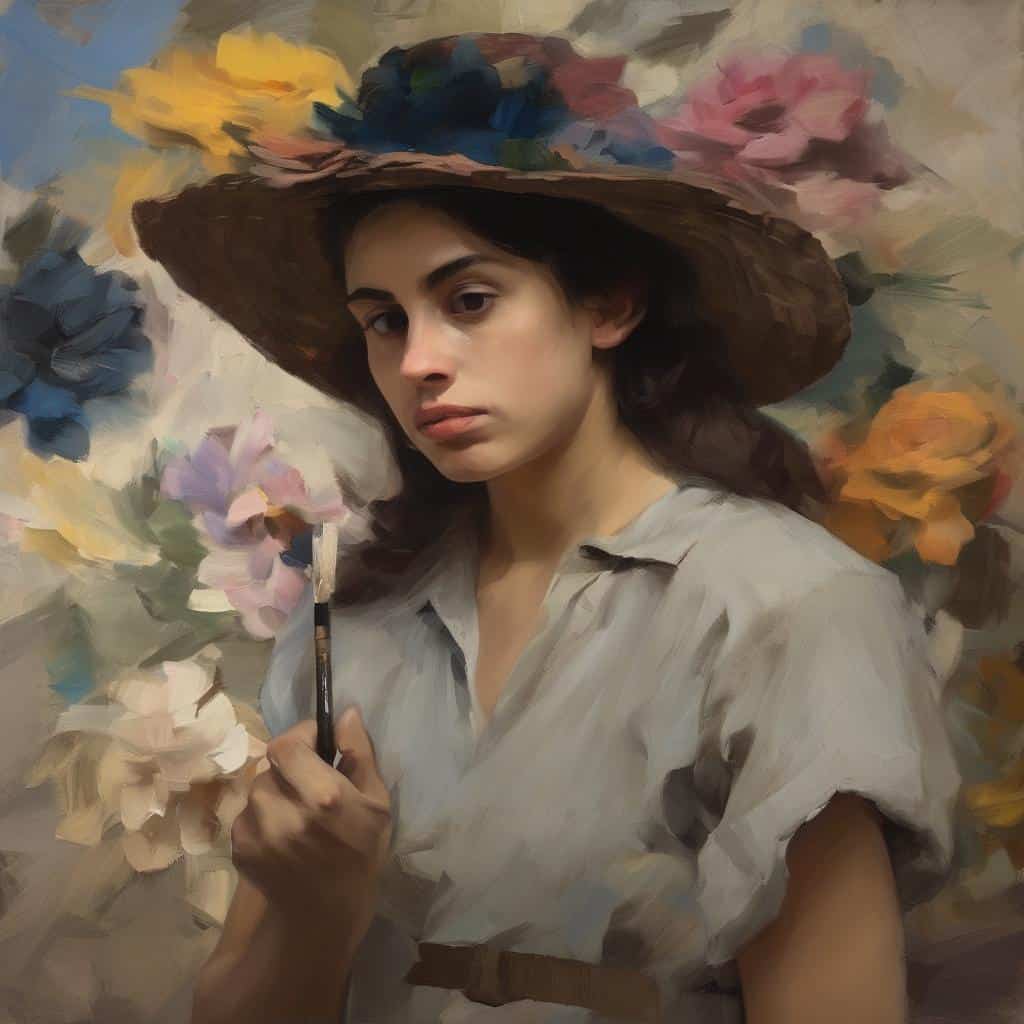 Λαμπερή νεαρή γυναίκα με μεγάλη καπέλο και λουλούδια, υπογραμμίζοντας την τέχνη και τον ρομαντισμό.